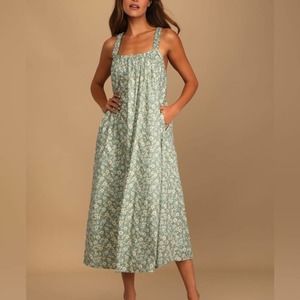 Among the Meadow Sage Green Floral Print‎ Midi Dress